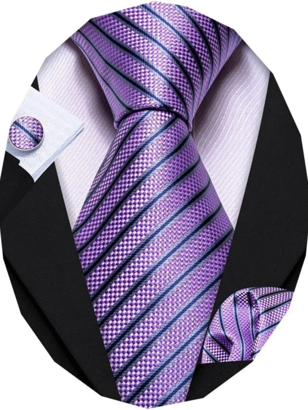 Silk Stripe Necktie Set with Checkered Handkerchief & Cufflinks for Weddings